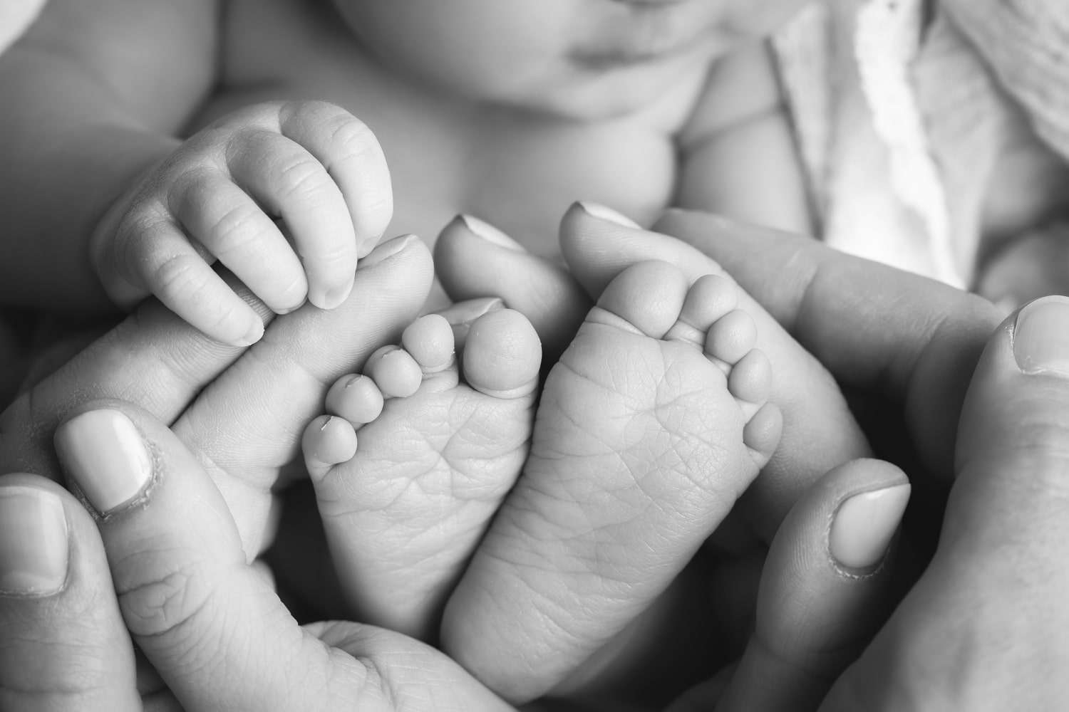 newborn photographer in rochester ny captures macros shot of newborn baby girl's feet in her parents' hands