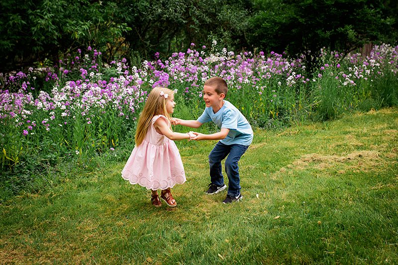family photographer in rochester ny captures family playing together in the wildflowers